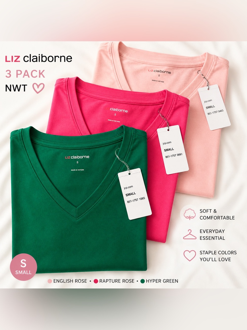 NWT Liz Claiborne V Neck Tee Small Pink Green Bundle